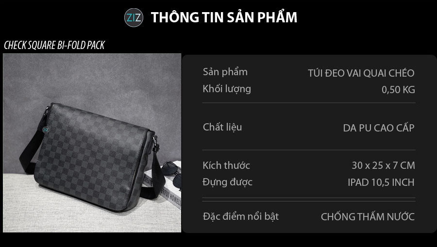 Túi caro xám đen với dây đeo vai thoải mái, thiết kế tinh tế, da PU bền bỉ, phù hợp với dân văn phòng, học sinh, sinh viên